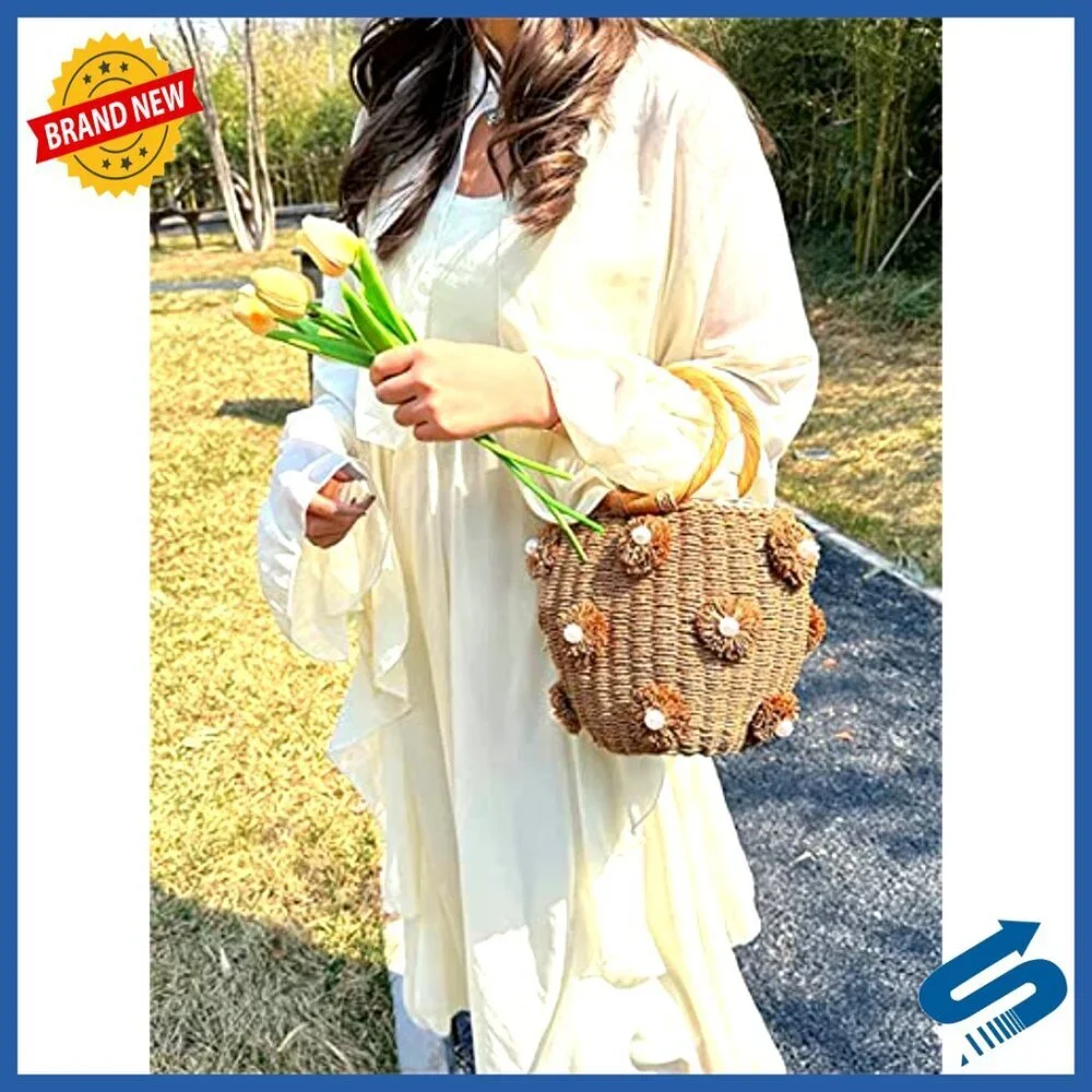 Straw Bucket Tote Bag Hand Woven Rattan Shell Pearl Flower Drawstring Purse